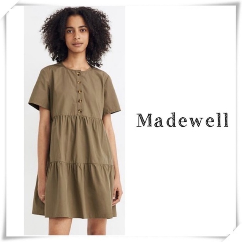 Button-Front Short-Sleeve Tiered Mini Dress